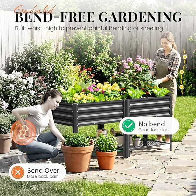 KING BIRD Large Raised Garden Bed with Legs &amp Storage Shelf Galvanized Elevated Planter Box for Backyard Patio Balcony 600lb Capacity Dark Grey 70.9x22.8x31.5 in
