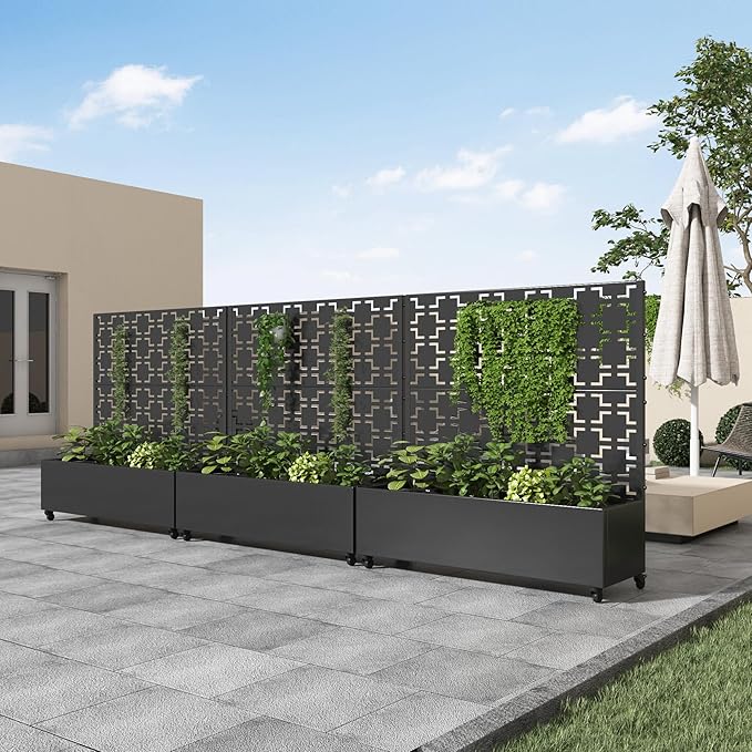 Casaphoria 47x47 Metal Raised Garden Bed with Trellis(2 Pack) Outdoor Planter Box with Wheels &amp Drainage Holes for Climbing Plants Flowers Elevated Garden Kit with Privacy Screen Black-Squar