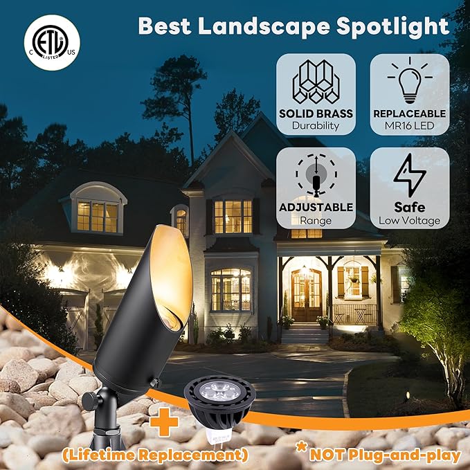 Gardenreet 12V Landscape Spotlight Bundle - 4 Pack Brass Spotlight 65FT 16/2 Cable Outdoor Waterproof LED Fixture for Garden Wall Tree with 5W 2700K Warm White MR16 Bulb