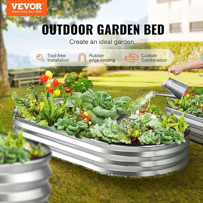 VEVOR Raised Garden Bed 71.9 x 36.4 x 11 inch Galvanized Metal Planter Box Outdoor Planting Boxes with Open Base for Growing Flowers/Vegetables/Herbs in Backyard/Garden/Patio/Balcony Silver