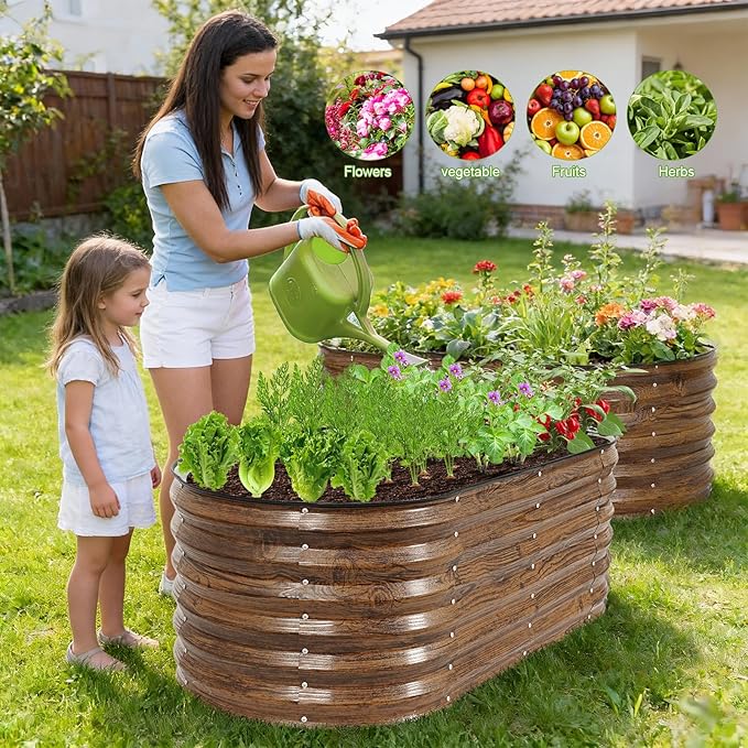 ZORMY Galvanized Raised Garden Bed Outdoor- 2PCS 4x2x1.4ft Oval Steel Raised Beds for Gardening Metal Planter Box with Protective Strip and Gloves for Vegetables Flowers Fruits(Brown)