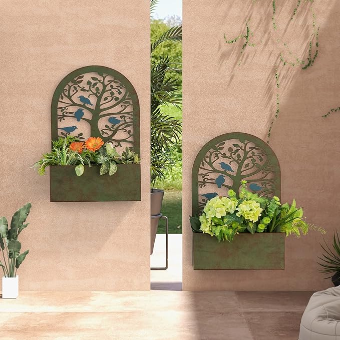 Giantex Raised Garden Bed Set of 2 - Wall-Mounted &amp Freestanding Decorative Planter Boxes with Trellises Heavy-Duty Metal Elevated Bed for Climbing Plants Outdoor Indoor Planter for Yard Balcony