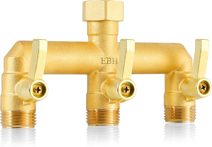 EBH Brass Garden Hose Splitter 3 Way High Flow Outdoor Faucet SplitterFull Flow 3-Way Brass Heavy Duty Hose Splitter With 3 Long Metal Handle and Individual On/Off Valve。