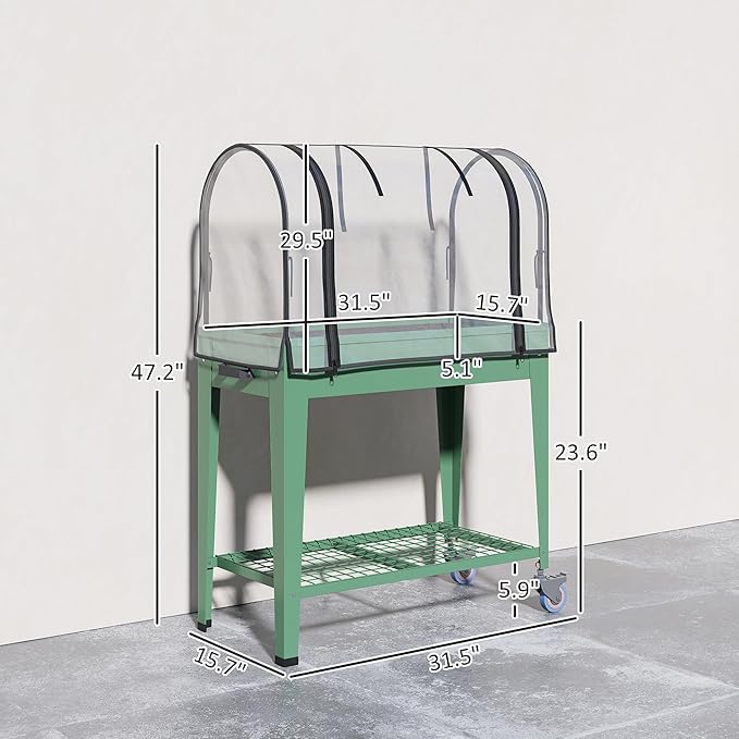 Outsunny Raised Garden Bed with Greenhouse Cover Large Metal Outdoor Elevated Planter Box with Lockable Wheels Storage Shelf and Drainage Hole for Vegetables Flowers Herbs Green