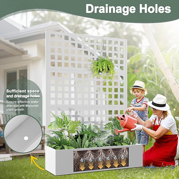 Metal Raised Garden Beds Outdoor with Trellis &amp Privacy Screen for Outdoor Plants Planter Box for Climbling Plants Flowers Vine Large Garden Boxes with Drainage Holes (47L×16W×71H White)