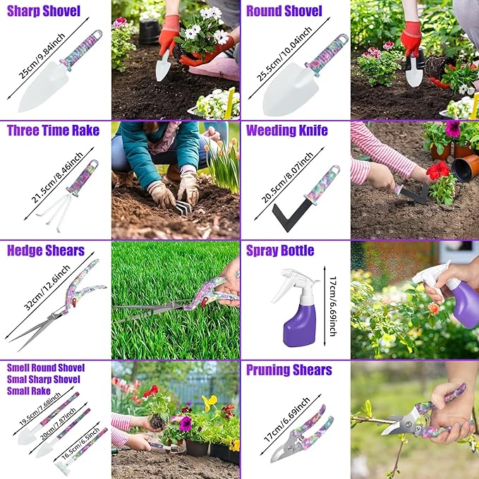 10-Piece Garden Tool Set for Women Heavy Duty Gardening Kit with Floral Handle Purple Storage Case Includes Trowel Shears Rake Sprayer - Ideal Gift for Female Gardeners