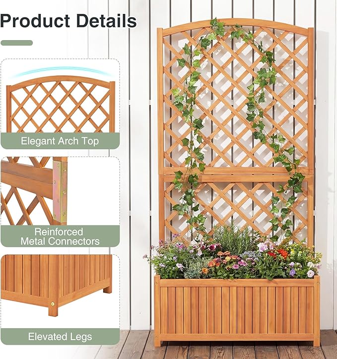 S AFSTAR 2 Pieces Wooden Raised Garden Bed with Trellis 63 Tall Planter Box with Drainage for Vines Climbing Plants Flowers Herbs Elevated Gardening Planter for Backyard Balcony &amp Patio