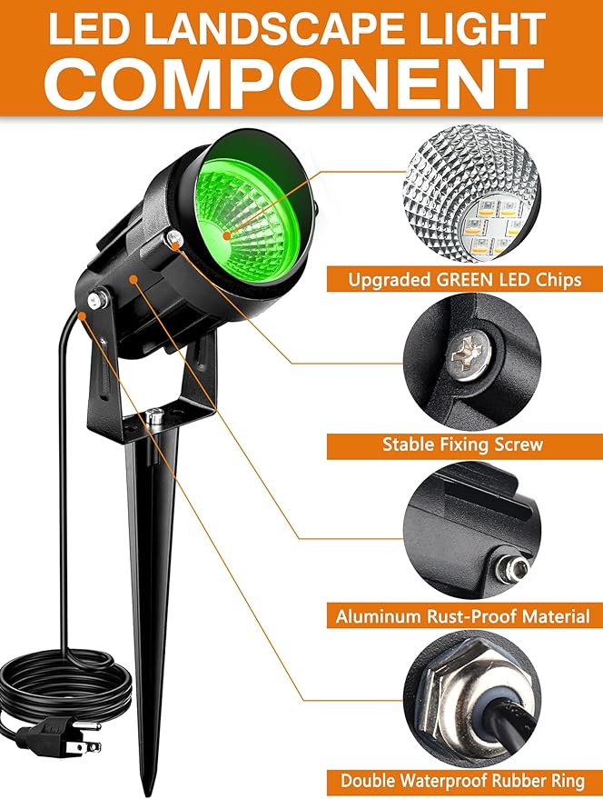 Christmas Green LED Spot Lights Landscape Lights Outdoor 110v Plug in Landscape Lighting with IP66 Waterproof Halloween Spotlights for Garden Pathway Tree Pathway 2 Pack7W Green LED Landscape Lights