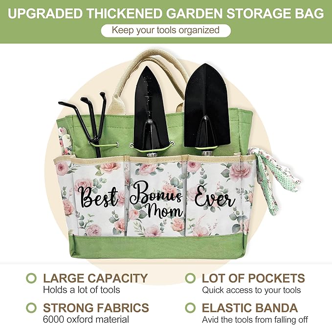 Bonus Mom Gifts Garden Kit Mothers Day Bonus Mom Gifts from Bonus Daughter Floral Gardening Tools and Durable Garden Tools Organizer Tote Gardening Set for Women on Birthday Plant Lover Present