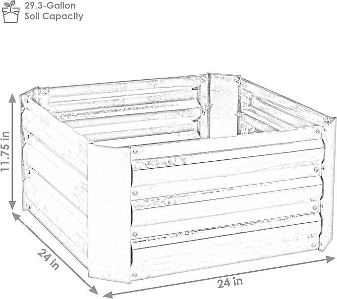 Sunnydaze Silver Corrugated Galvanized Steel 24 x 11.75 Square Planter and 40.5 x 11.75 Hexagon Raised Garden Beds for Vegetables Plants and Flowers