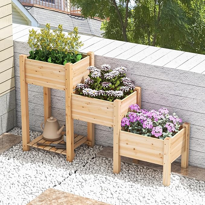 3-Tier Raised Garden Bed with Legs Fir Wood Garden Bed with Drainage Holes Indoor &amp Outdoor Elevated Standing Bed w/Open Storage Shelf Vegetable Flower Herb Raised Planter Boxes