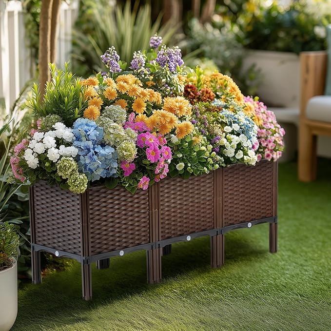 Rattan Raised Garden Bed with Legs-Rectangular Elevated Deep Planters for Outdoor Plants Self Watering Planter Box 47L x 16W x 20H Rectangular Deep Garden Bed for Vegetables Flowers Herbs