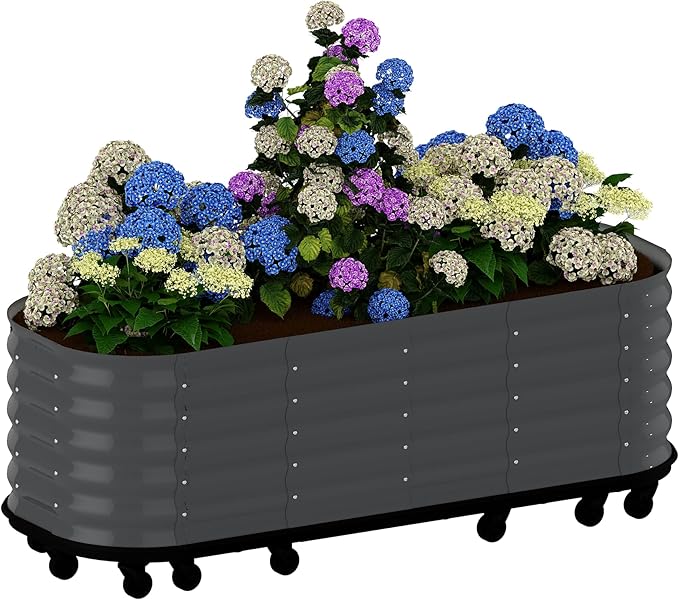 Mobile Large Raised Garden Bed with Water Reservoirs – Rustproof Galvanized Planter Cart with Wave Panels &amp Lock Wheel for Patio/Indoor Herbs(Gray)