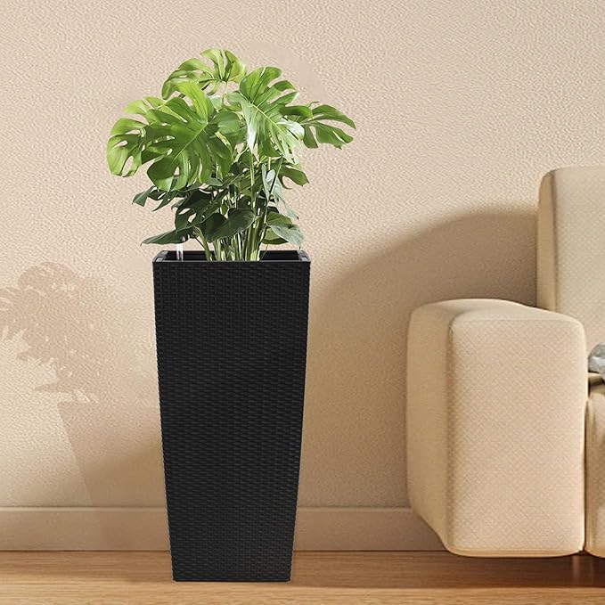 IndoorOutdoor Faux Rattan Square Planter 30 Inch Black Plastic Large Planter with Automatic Watering System for Home and G(Black 30 Inch 1)