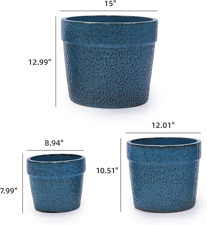 Handmade Ceramic Planter Set of 3 15129 Inch Diameter Blue Textured Pattern for Succulents Indoor Plants Windowsill Bookshelf Use Breathable Clay