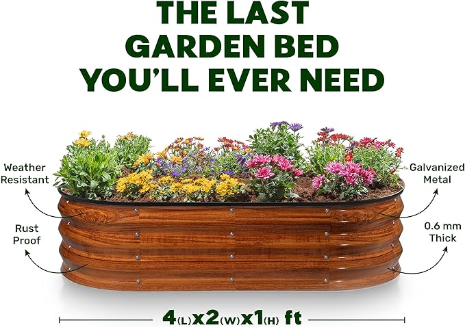 Plant &amp Plot Galvanized Raised Garden Beds Outdoor // 4×2×1 ft (2-Pack) Planter Raised Beds for Gardening Vegetables Flowers (Dark Wood Grain) // Large Metal Garden Box