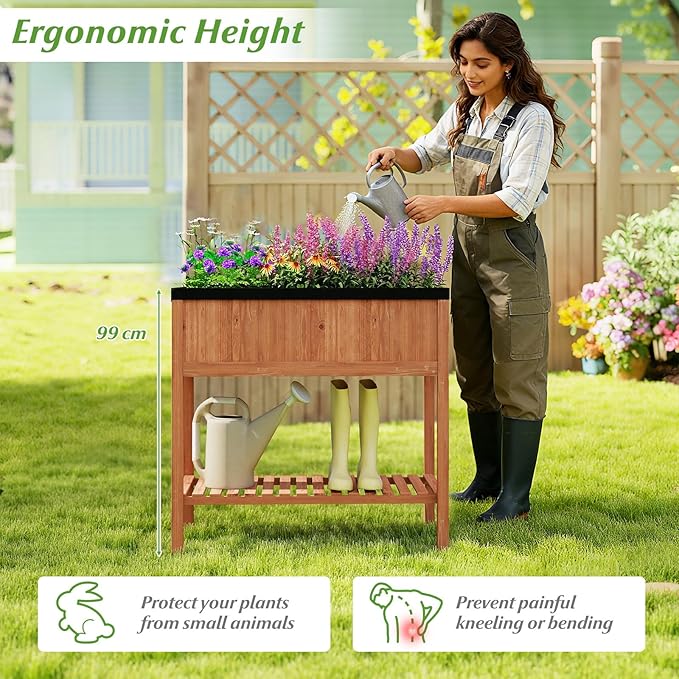 2-Tier Wooden Raised Garden Bed Elevated Planter Bed with Legs Liner &amp Storage Shelf for Vegetable Flower &amp Herb Outdoor Gardening Box for Backyard Patio Balcony 220 LBS Capacity