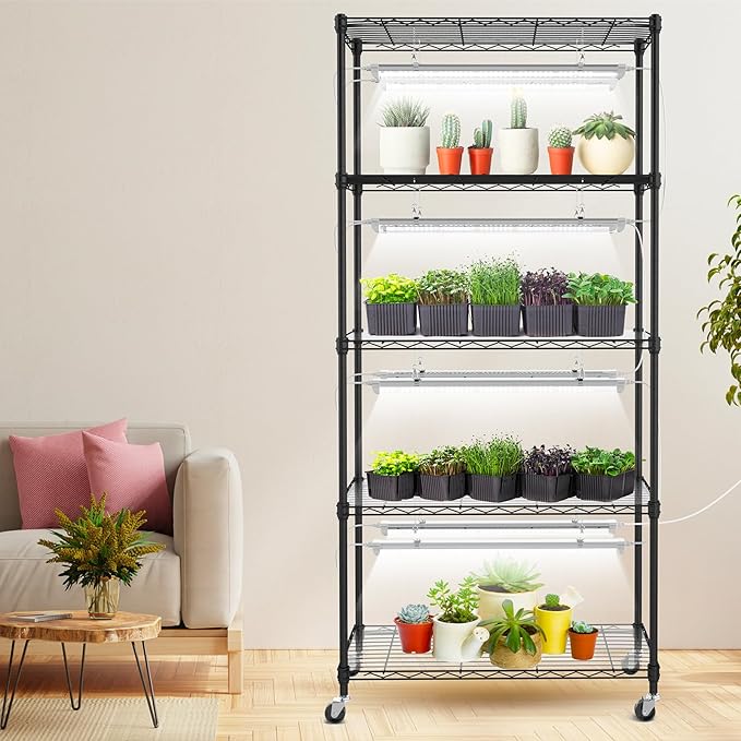 SOLIGT Plant Shelf with Grow Lights 5 Tier Grow Light Stand Rack with 8 Pack 2FT 6000K T8 Full Spectrum Led Grow Lights for Indoor Plants Seed Starting Seedling Growing Timer Included