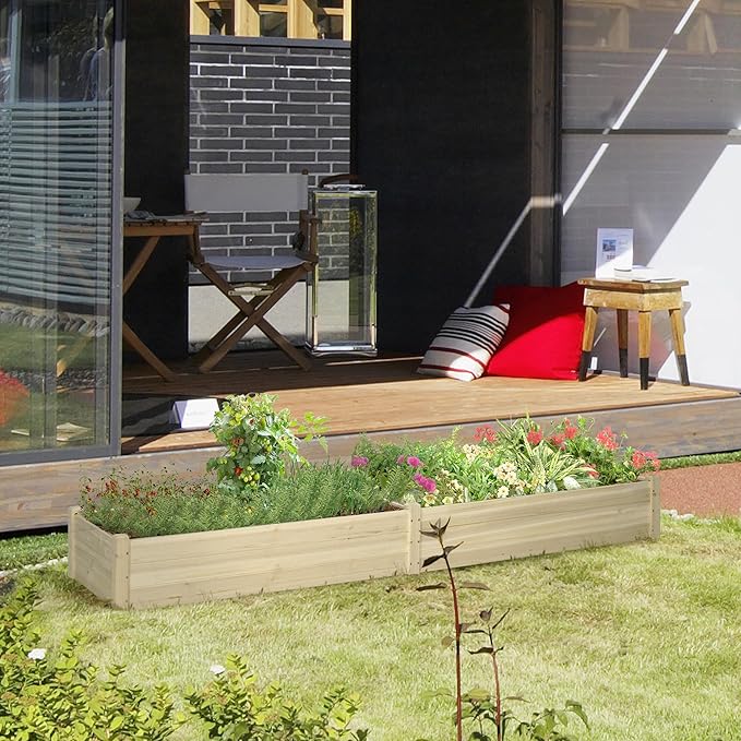 8x2ft Wooden Raised Garden Bed Kit Elevated Planter with 2 Boxes Self Draining Bottom and Liner Patio to Grow Vegetables Herbs and Flowers Natural