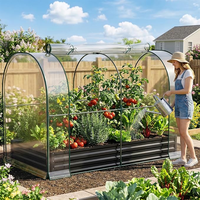 SUNYRISY Galvanized Raised Garden Bed with Greenhouse Outdoor Metal Planter Box Kit with Bed Cover Garden Box Protection for Gardening Vegetables Flowers Herbs Planting Black