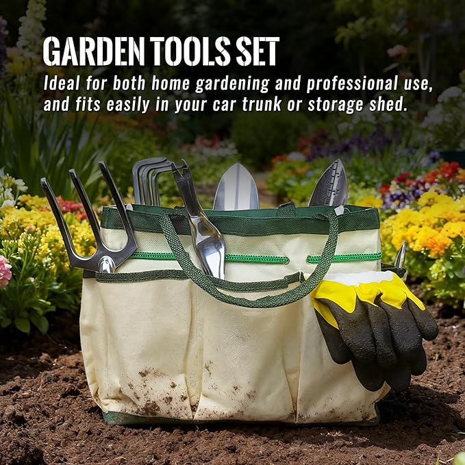 8-Piece Garden Tools Set with Durable Organizer Handbag and Gloves Heavy-Duty Rust-Proof Aluminum Alloy Material Non-Slip Ergonomic Handles Ideal Gifts for Women Men Mom Dad