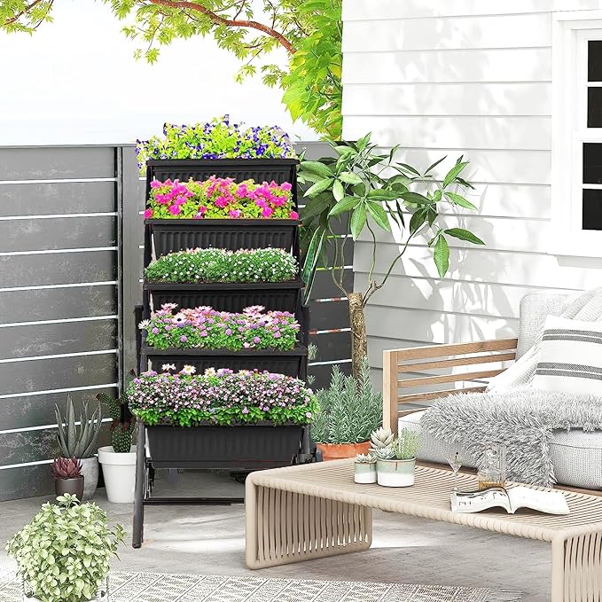Homdox 5-Tier Elevated Garden Bed- Freestanding Vertical Raised Bed for Gardening with 5 Garden Planter Boxes- Perfect to Grow Vegetables Herbs Flowers Indoor Black