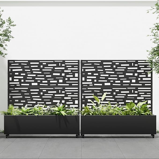 Casaphoria Metal Raised Garden Bed with Trellis and Wheels 47x47x16 Planter Box for Climbing Plants Vegetables &amp Vines Features Drainage Holes and Privacy Screen (Black-Gerald)