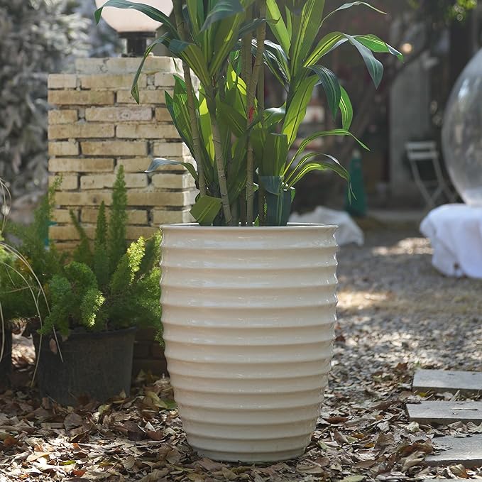 Handmade White Ceramic Planter 17 Diameter 1 Horizontal Ripple Ice Crack Pattern for Monstera and Fiddle Leaf Fig Indoor Outdoor Doorway Use Breathable Clay