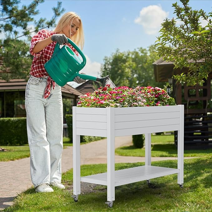 Mobile Raised Garden Bed with Lower Storage Shelf &amp Lockable Wheels Elevated Planter Box with Drainage Durable Eco-Friendly Material for Patio Balcony Yard (Ashen43.31*17.72*33.66)