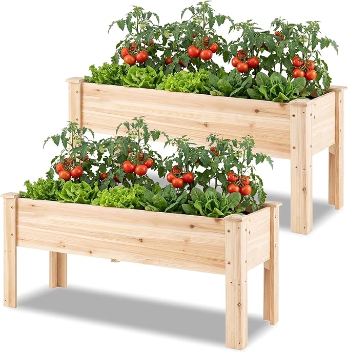 S AFSTAR 2 Pieces Wooden Raised Garden Bed with Legs Heavy-Duty Elevated Planter Box with Drainage Holes Fir Wood Garden Box Outdoor for Vegetable Flower &amp Herb Easy-Assembly