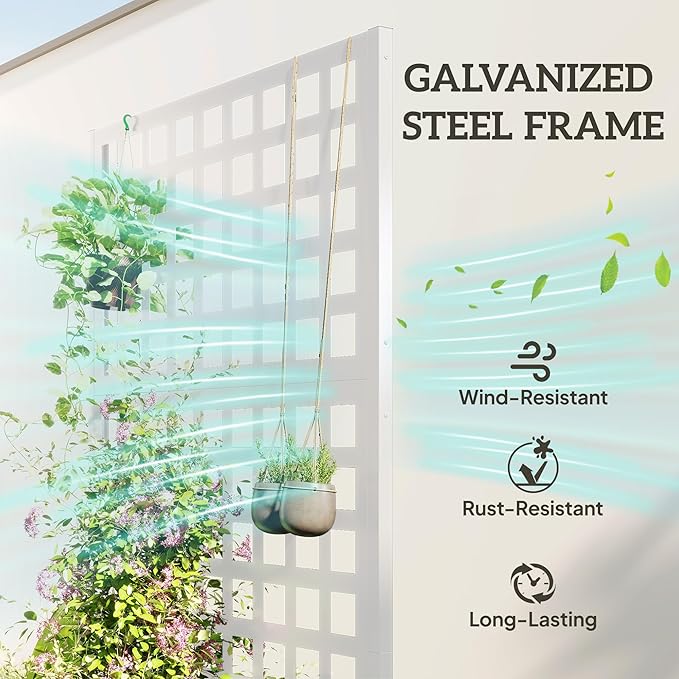 Outsunny Galvanized Raised Garden Bed with Trellis Metal Planter Box with Drainage Holes Outdoor Privacy Screen for Climbing Plants Vegetable Vines 35 x 16 x 70 White