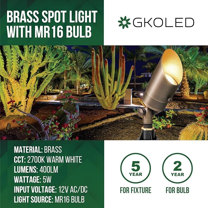 GKOLED Solid Brass Spotlight Low Voltage Landscape Lighting LED Outdoor Lights for Garden Patio Yard Directional Up and Down Light with 5W MR16 Bulb 12V 2700K Warm White 2 Pack