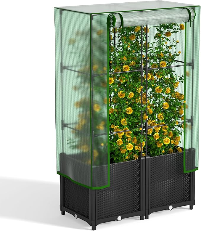 Onelike 32'' x 16'' x 55.5'' Plastic Raised Garden Bed with Greenhouse Cover and Trellis Vertical Tomato Planters for Climbing Plants Self Watering System Tomatoes Cage for Patio Medium