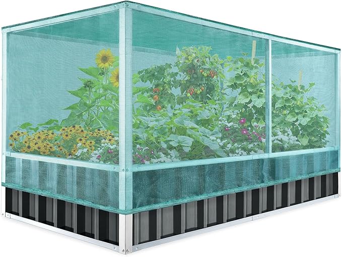 KING BIRD 68 x 36 x 34.6 Raised Garden Bed with Garden Anti-Bird Protection Netting Structure Galvanized Steel Metal Planter Kit Box with 2 Pairs of Gloves Dark Grey