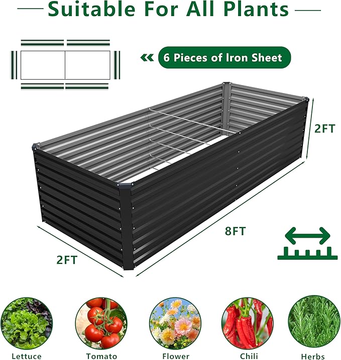 8x2x2FT Galvanized Raised Garden Bed KitVegetable Plant Boxes-Rectangle Metal Flower BoxLarge Planter Raised Beds Outdoor Garden for PlantingFruitHerb-Black