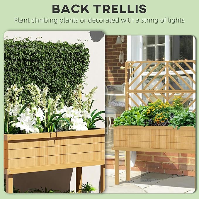 Wooden Planter Box with Trellis Elevated Raised Garden Bed for Climbing Plants Fir Wood Flower Shelf with Drainage Holes Natural 41.25 W x 17.75 D x 55 H