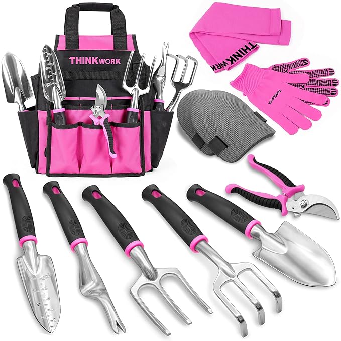 THINKWORK Pink Garden Tools Gardening Gifts for Women with 2 in 1 Detachable Storage Bag Trowel Transplanter Rake Weeder Cultivator Purning Shears and 3 Additional Protection Tools
