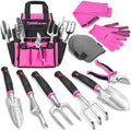 THINKWORK Pink Garden Tools Gardening Gifts for Women with 2 in 1 Detachable Storage Bag Trowel Transplanter Rake Weeder Cultivator Purning Shears and 3 Additional Protection Tools