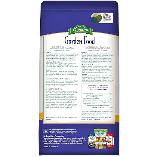 Espoma 10-10-10 Garden Food 6.75-Pound Bag Promotes Growth in All Flowering Plants Trees Shrubs and Vegetables. Granular for Easy Application. Pack of One.