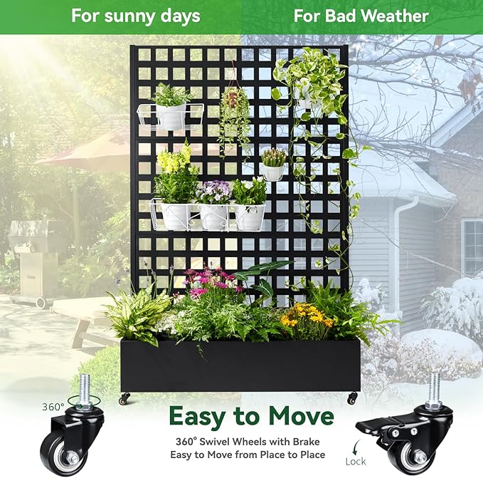 Metal Planter Box with Trellis 71x47x16 Raised Garden Bed Outdoor with Privacy Screen &amp Lattice Trellis &amp Lockable Casters Vertical Garden Box with Drainage Hole for Climbing Plants Vege