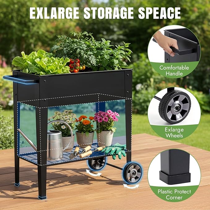 INNO STAGE 31.5 Tall Raised Garden Bed with Legs &amp Wheels- Elevated Planter Box with Shelf Anti-Rust Metal Galvanized Steel Garden Bed for Herb Vegetable Gradening Patio Balcony Backyard