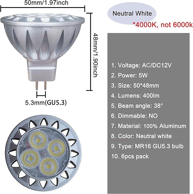 ALIDE MR16 GU5.3 Led Bulbs 5W 4000K Neutral/Natural White20W-35W Halogen Equivalent12V MR16 Low Voltage Bulbs for Outdoor Landscape Flood Ceil Track LightingNot Dimmable450lm38 Deg6 Pack