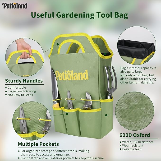 10-Piece Garden Tool Set Green Gardening Hand Tools Kit with Non-Slip Handles Heavy Duty Rust-Proof Aluminum Tools Organizer Tote Bag &amp Gardening Gloves Ideal Gardening Gifts for Men and Women