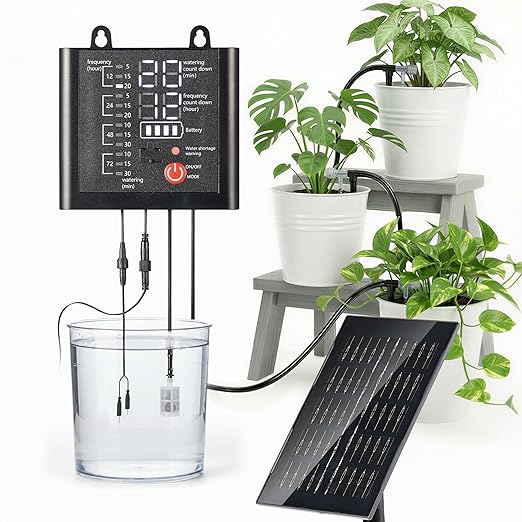 Solar Drip Irrigation System with USB Charging 49FT Indoor Outdoor Plant Watering Devices for 15 Potted Plants Automatic Watering System IP44 Waterproof 2200mAh for Garden Farm Greenhouse(Black)