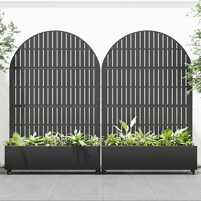 Casaphoria 72x47 Metal Raised Garden Bed with Trellis(2 Pack) Outdoor Planter Box with Wheels &amp Drainage Holes for Climbing Plants Flowers Elevated Garden Kit Black-Fence-Arched