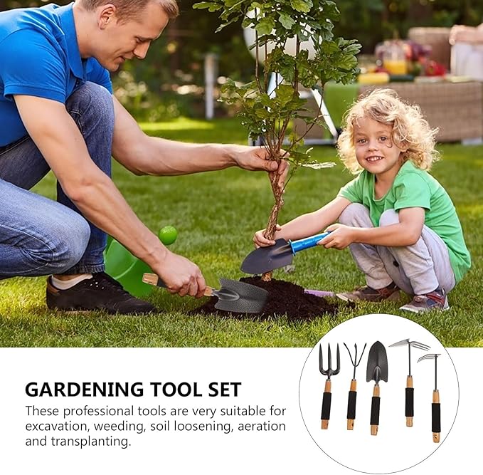 5pcs Ergonomic Garden Tool Set with Storage Rack Practical Outdoor Planting Shovels and Garden Rakes for Lawn and Bed Maintenance