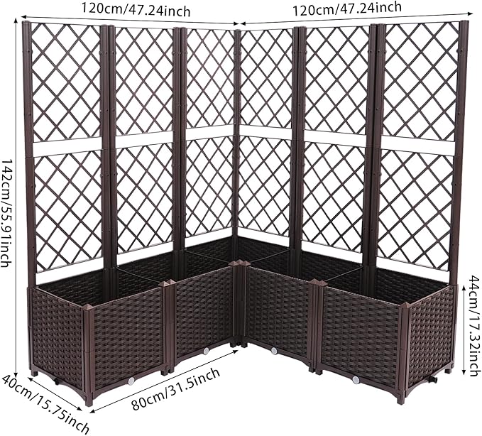 Garden Planter with Trellis Polypropylene Planter Boxes with 5 Compartments Garden Box with Privacy Screen for Outdoor Spaces Terraces Balconies-47.24 * 47.24 * 55.91in (Brown)