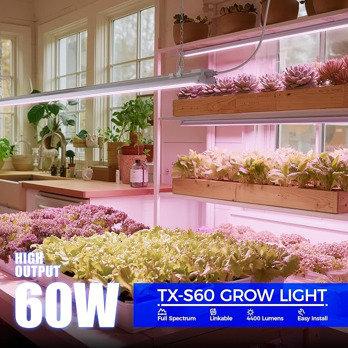 Barrina TX-S60 4FT Grow Light for Indoor Plants 60W(420W Equivalent) Full Spectrum High PPFD Super Bright Linkable Grow Lights for Seed Starting Greenhouse Vegetables with On/Off Switch 1 Pack