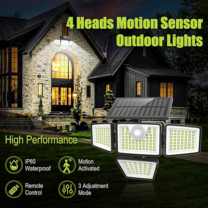 3000LM Solar Lights Outdoor with Motion Sensor4 Head 270° Wide Angle Street Area LightsIP65 Waterproof Security Lighting with 3 Modes(Remote2 Pcs)