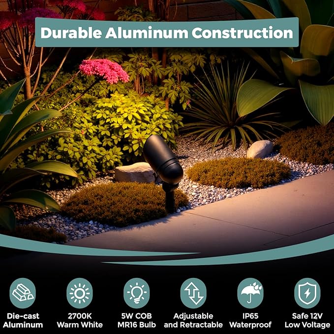 Gardencoin Low Voltage Landscape Spotlight 12V LED Outdoor Landscape Lighting Landscape Spot Lights Wired for Garden and Yard Aluminum Up Lighting Fixture with 5W MR16 Replaceable Bulb (12 Pack)